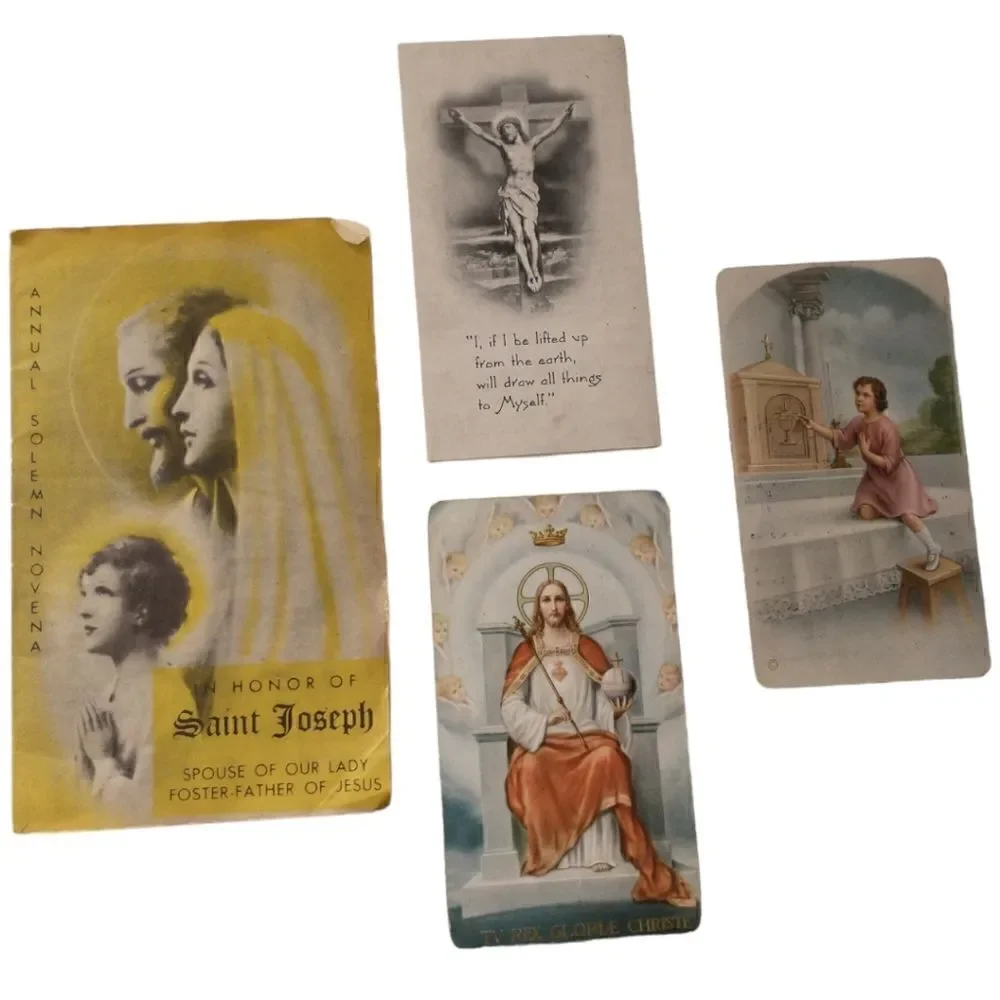 4 Vtg Catholic Prayer Cards Lot St Joseph Sacred Heart Jesus Crucifix Lithograph